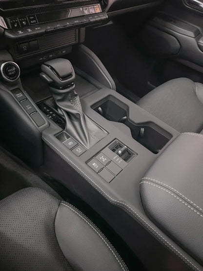 Prado J250 gear selector area leather trim overlay detail on center console