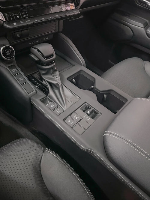 Prado J250 gear selector area leather trim overlay detail on center console